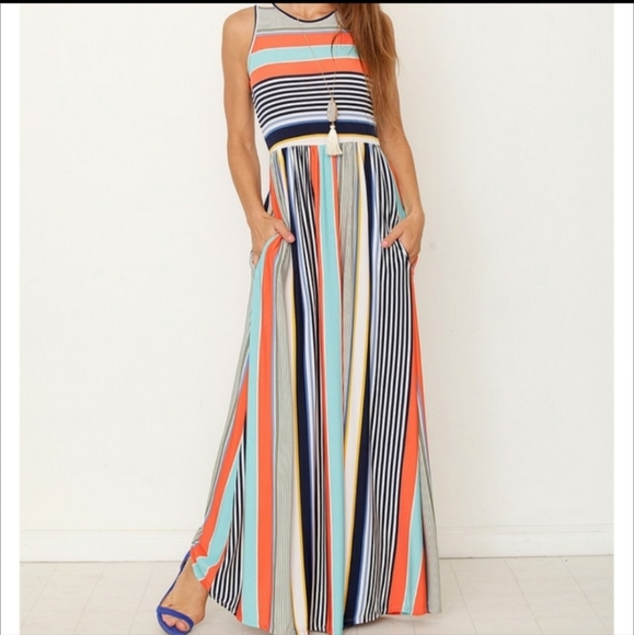 2 for $20 Eloges abstract coral striped long maxi dress M - Picture 6 of 6